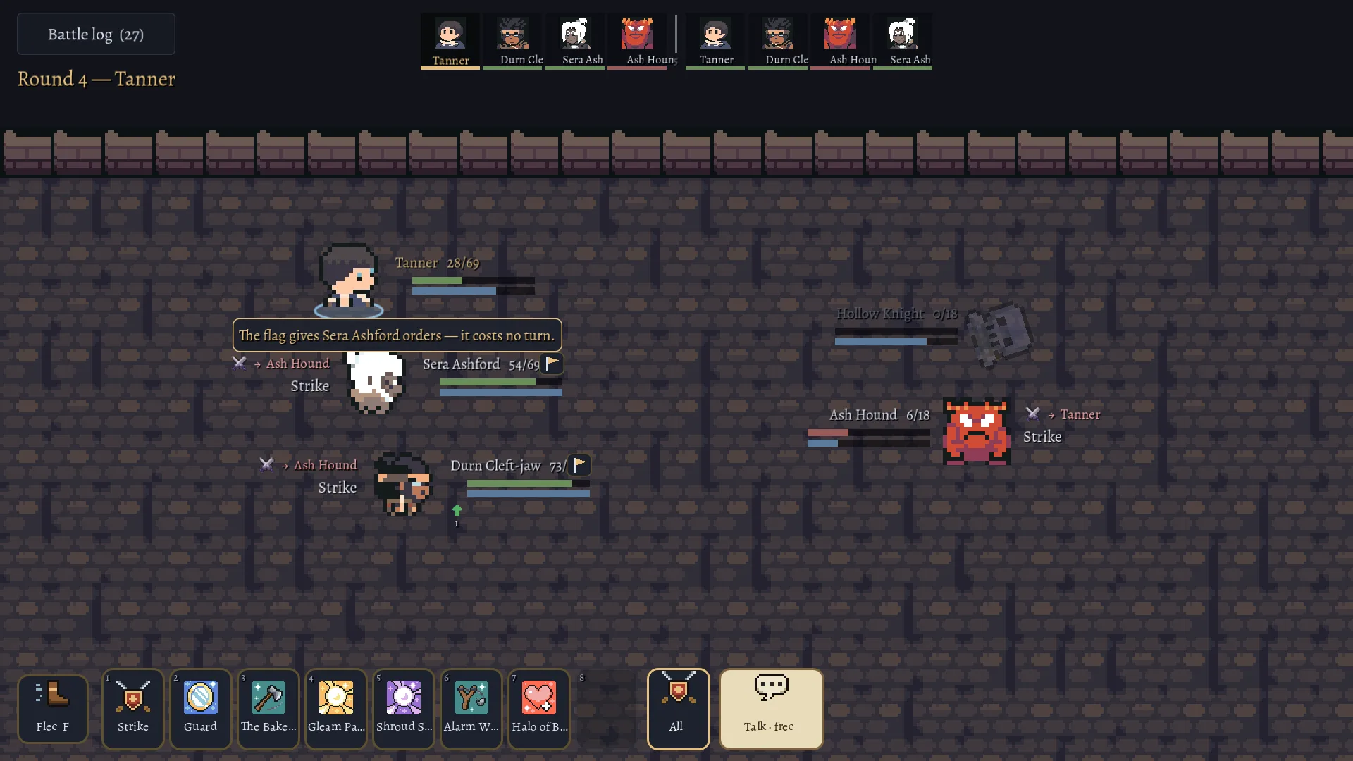 Round 4 of a fight in a dungeon: the Hollow Knight already down, the player, Sera Ashford and Durn Cleft-jaw against an Ash Hound at 6 of 18 HP, and the hotbar with Talk marked free.