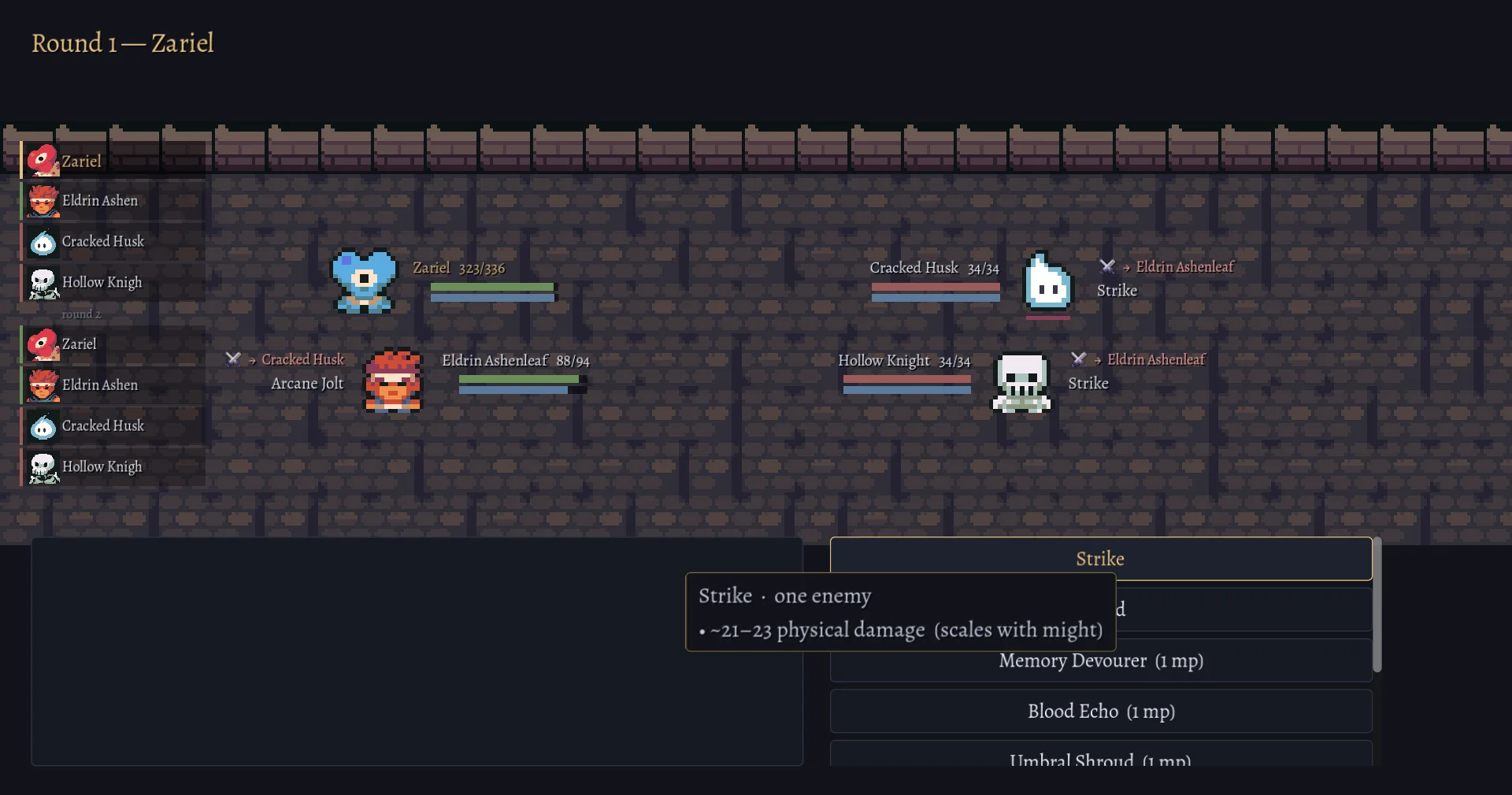 A turn-based battle in Someone Else's War: the initiative queue down the left, a party facing a Cracked Husk and a Hollow Knight.