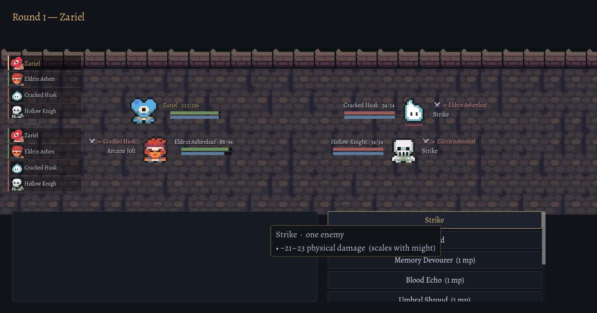 A turn-based battle in Someone Else's War: the initiative queue down the left, a party facing a Cracked Husk and a Hollow Knight.