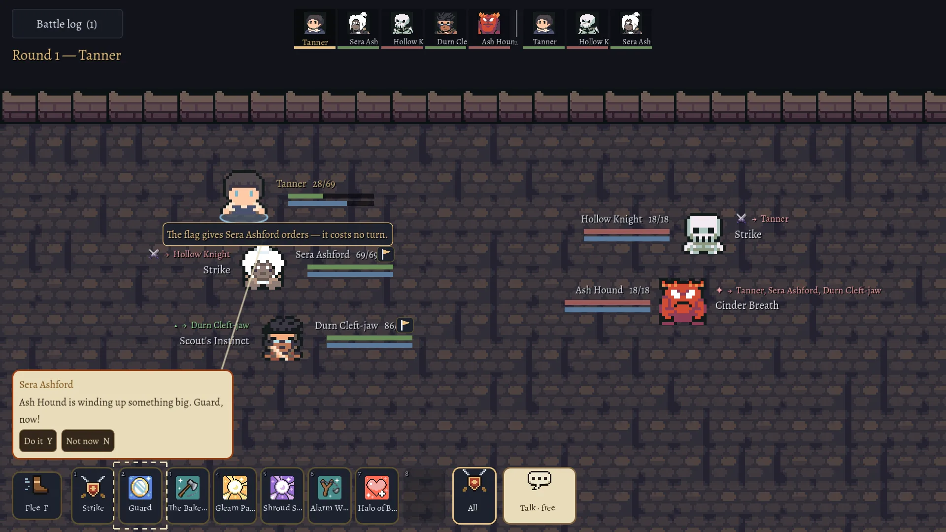 A turn-based battle: the turn order across the top, the player, Sera Ashford and Durn Cleft-jaw facing a Hollow Knight and an Ash Hound, each foe’s next move named beside it — the hound winding up Cinder Breath at the whole party — while Sera calls out “Guard, now!”, and the hotbar with Talk marked free.