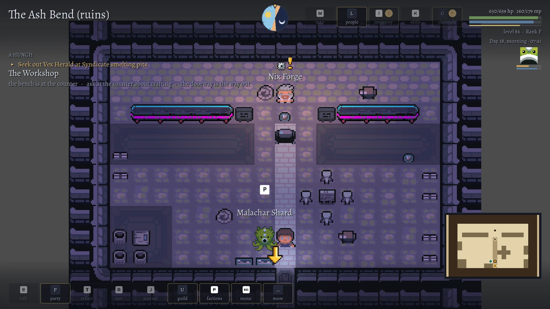 Inside The Workshop in The Ash Bend ruins: long benches and tables on a patterned stone floor, Nix Forge at the back, the player and Malachar Shard by the door, a minimap in the corner.