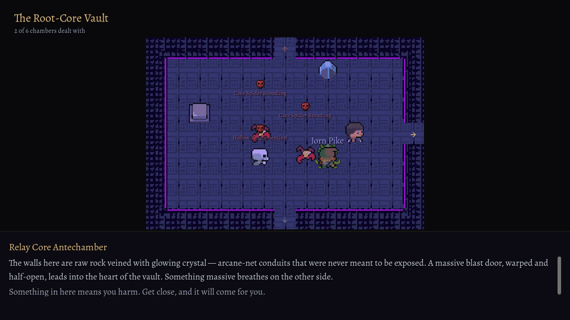 Relay Core Antechamber in The Root-Core Vault: Jorn Pike and the player facing Cave Spider Broodlings and a Hollow Knight Sentinel, the room's description below.