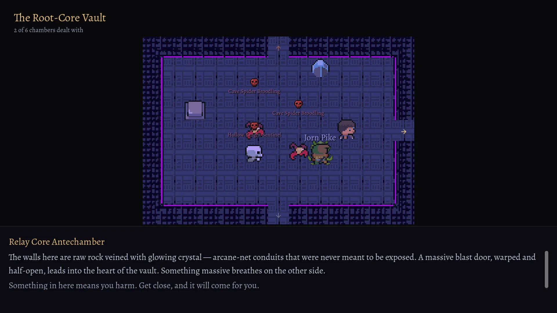 Relay Core Antechamber in The Root-Core Vault: Jorn Pike and the player facing Cave Spider Broodlings and a Hollow Knight Sentinel, the room's description below.