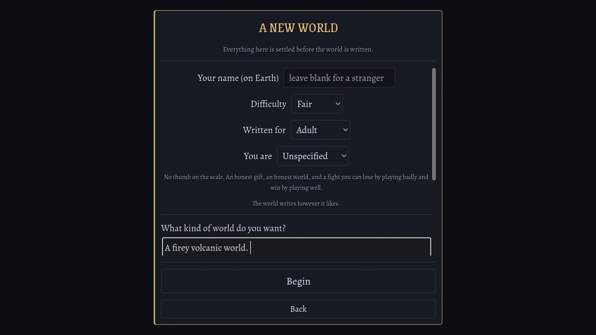 The A New World form with Difficulty set to Fair, Written for set to Adult, and A firey volcanic world. typed in the wish box.