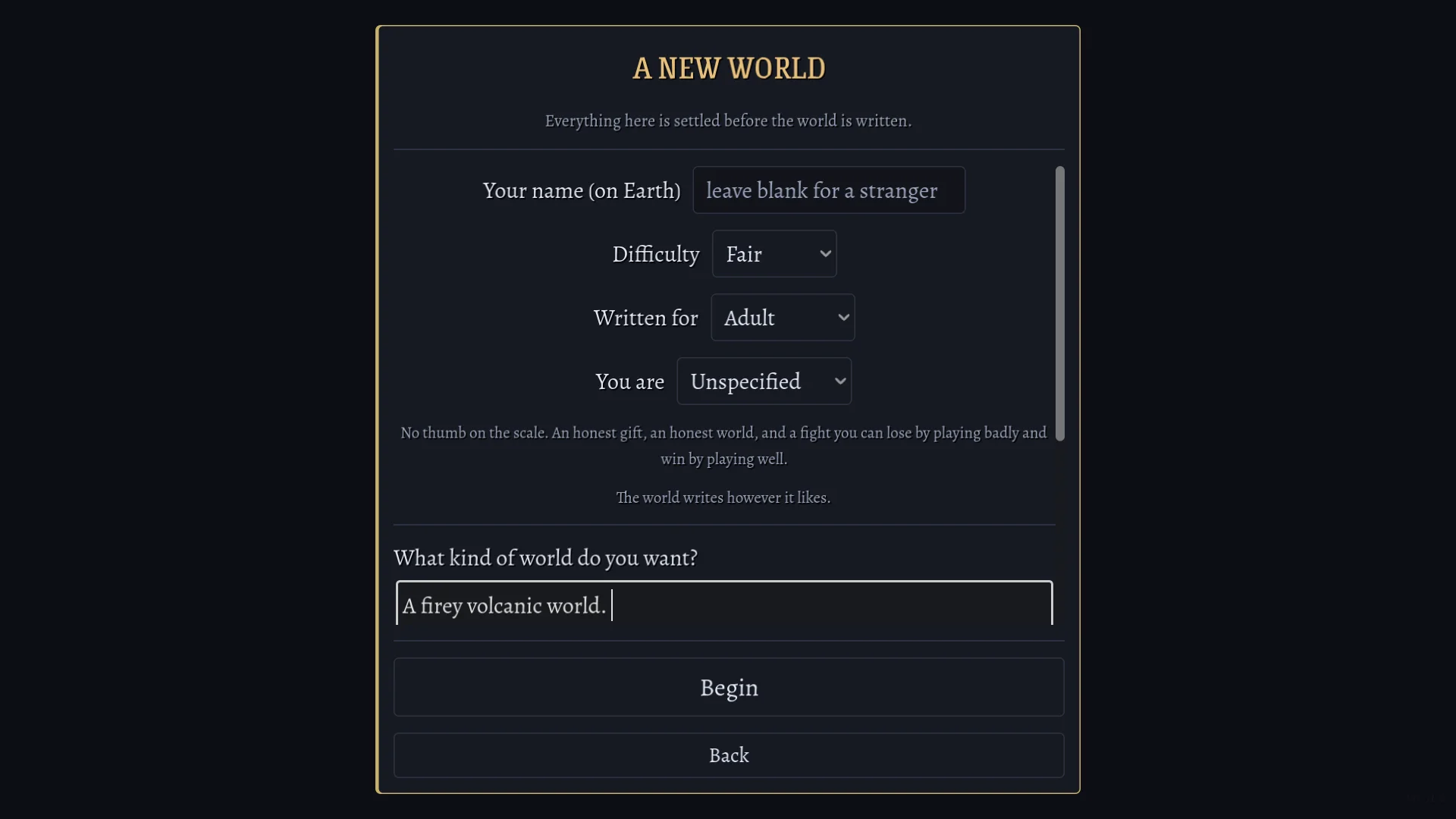 The A New World form with Difficulty set to Fair, Written for set to Adult, and A firey volcanic world. typed in the wish box.