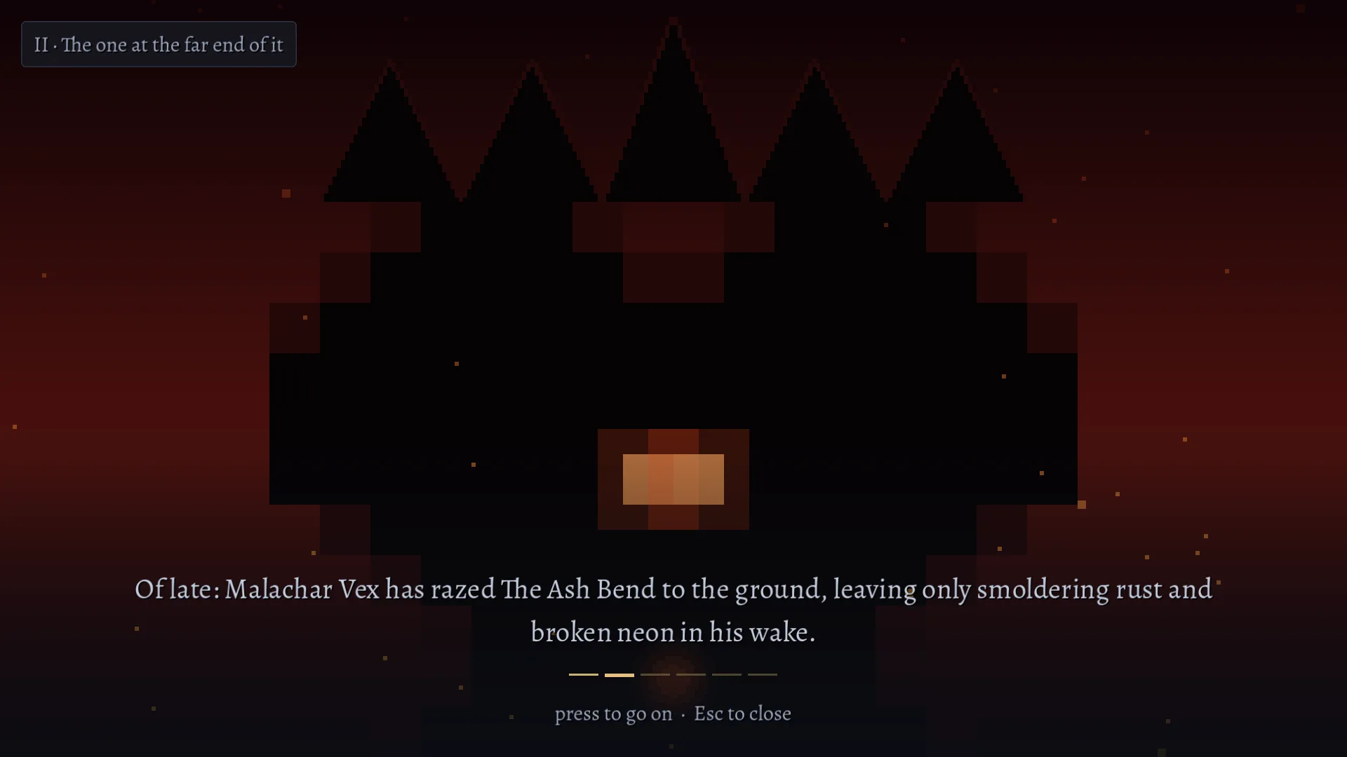 A prologue card: a black castle silhouette against red, over the line "Of late: Malachar Vex has razed The Ash Bend to the ground, leaving only smoldering rust and broken neon in his wake."