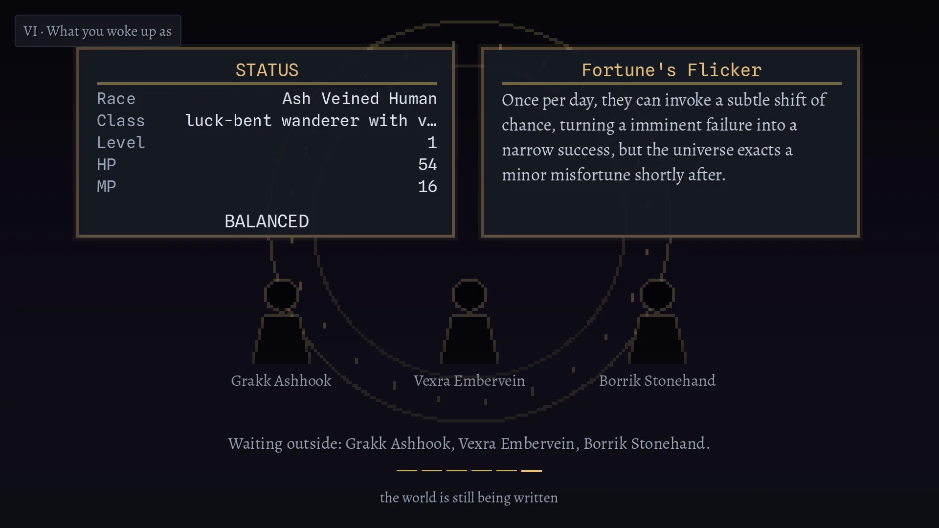 A status window for an Ash Veined Human, level 1, Balanced, beside a card for the gift Fortune's Flicker, with three dark silhouettes waiting outside.