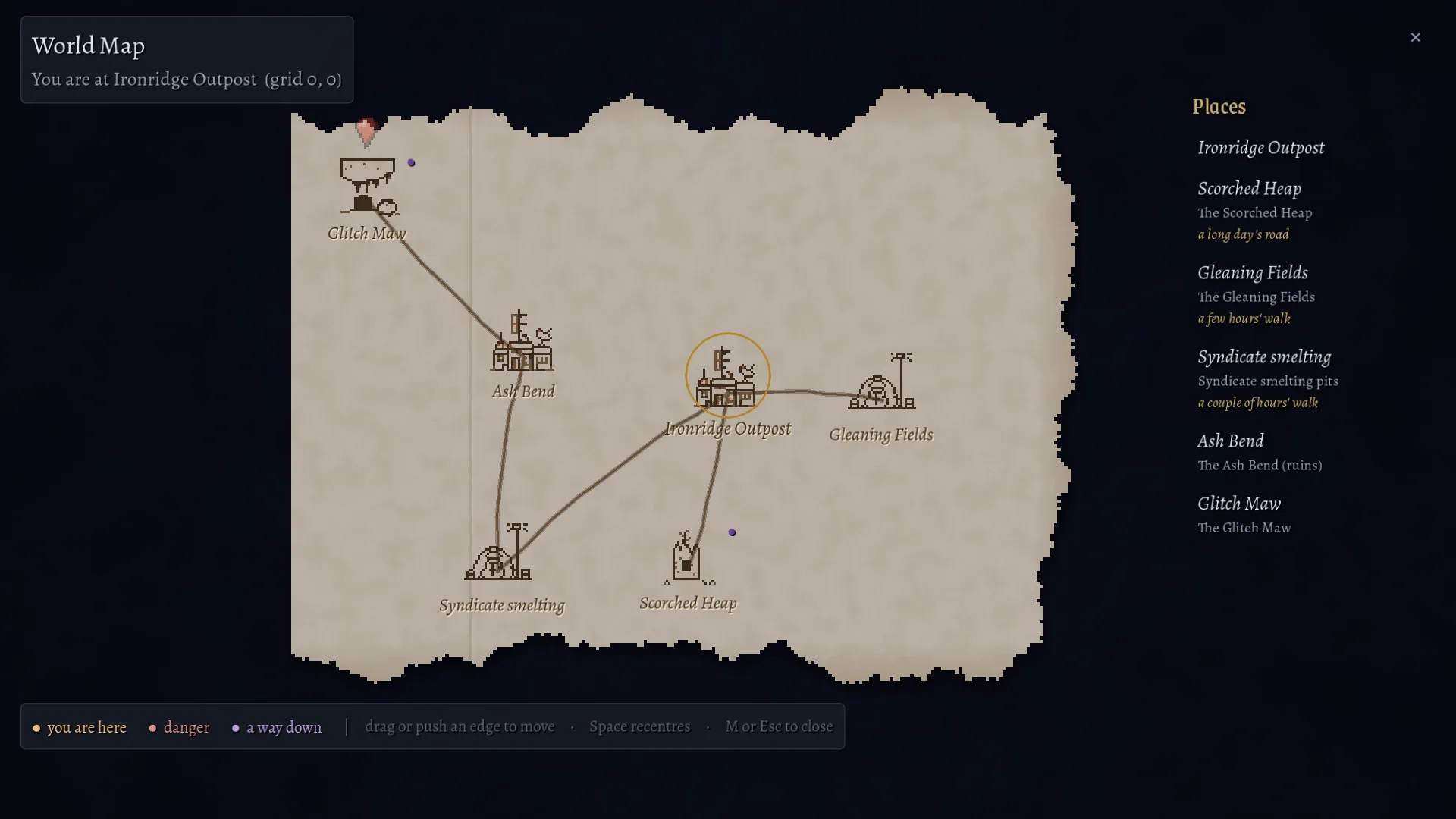 The World Map: a torn parchment sheet with Ironridge Outpost circled, joined by roads to Ash Bend, Syndicate smelting, Scorched Heap, Gleaning Fields and the Glitch Maw.