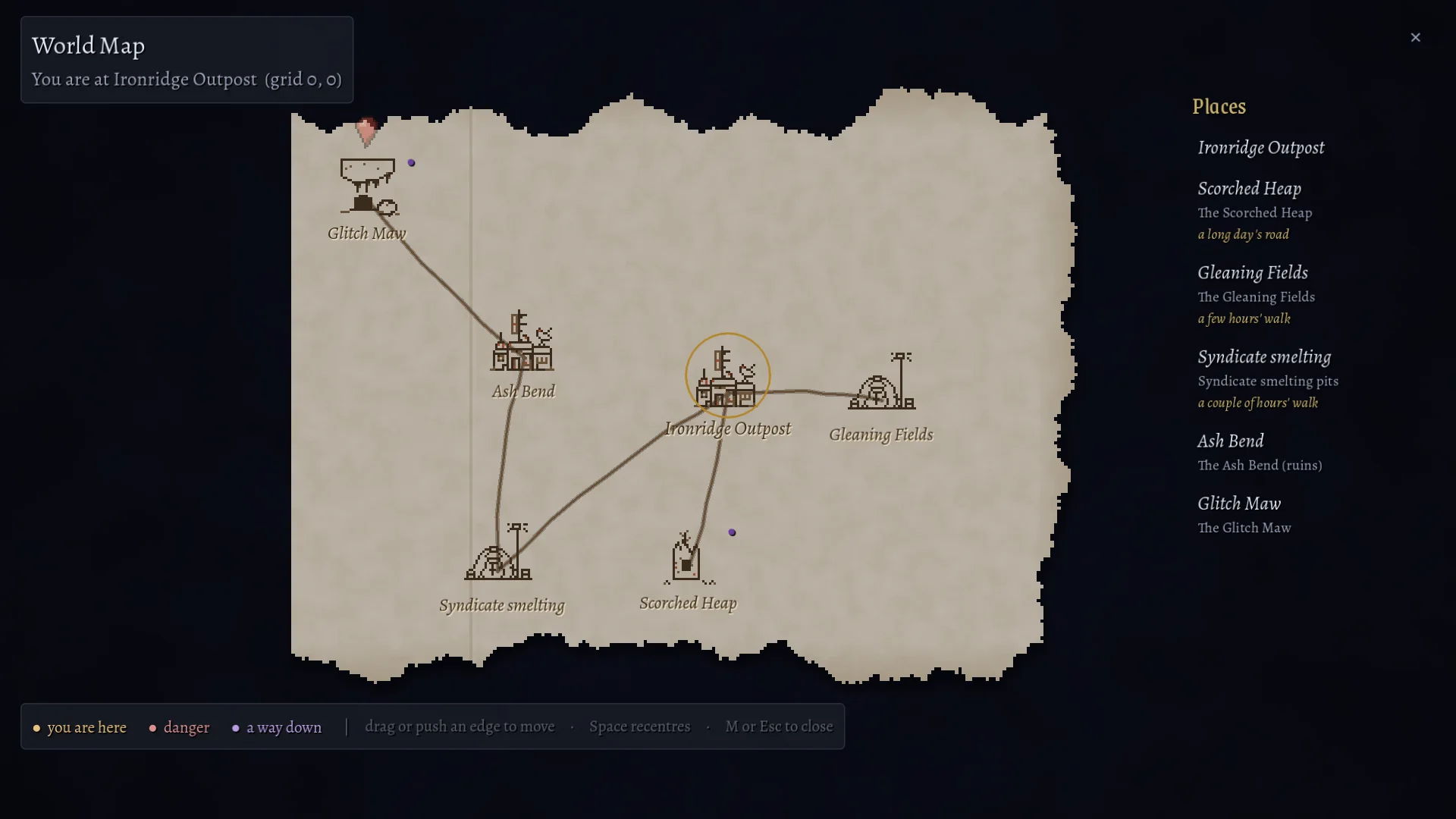 The World Map: a torn parchment sheet with Ironridge Outpost circled, joined by roads to Ash Bend, Syndicate smelting, Scorched Heap, Gleaning Fields and the Glitch Maw.