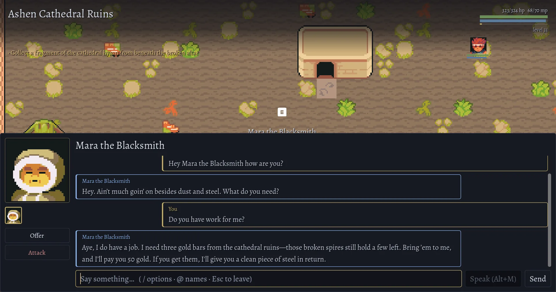 Mara the Blacksmith answering the player in the dialogue panel, with the text field open below the exchange.