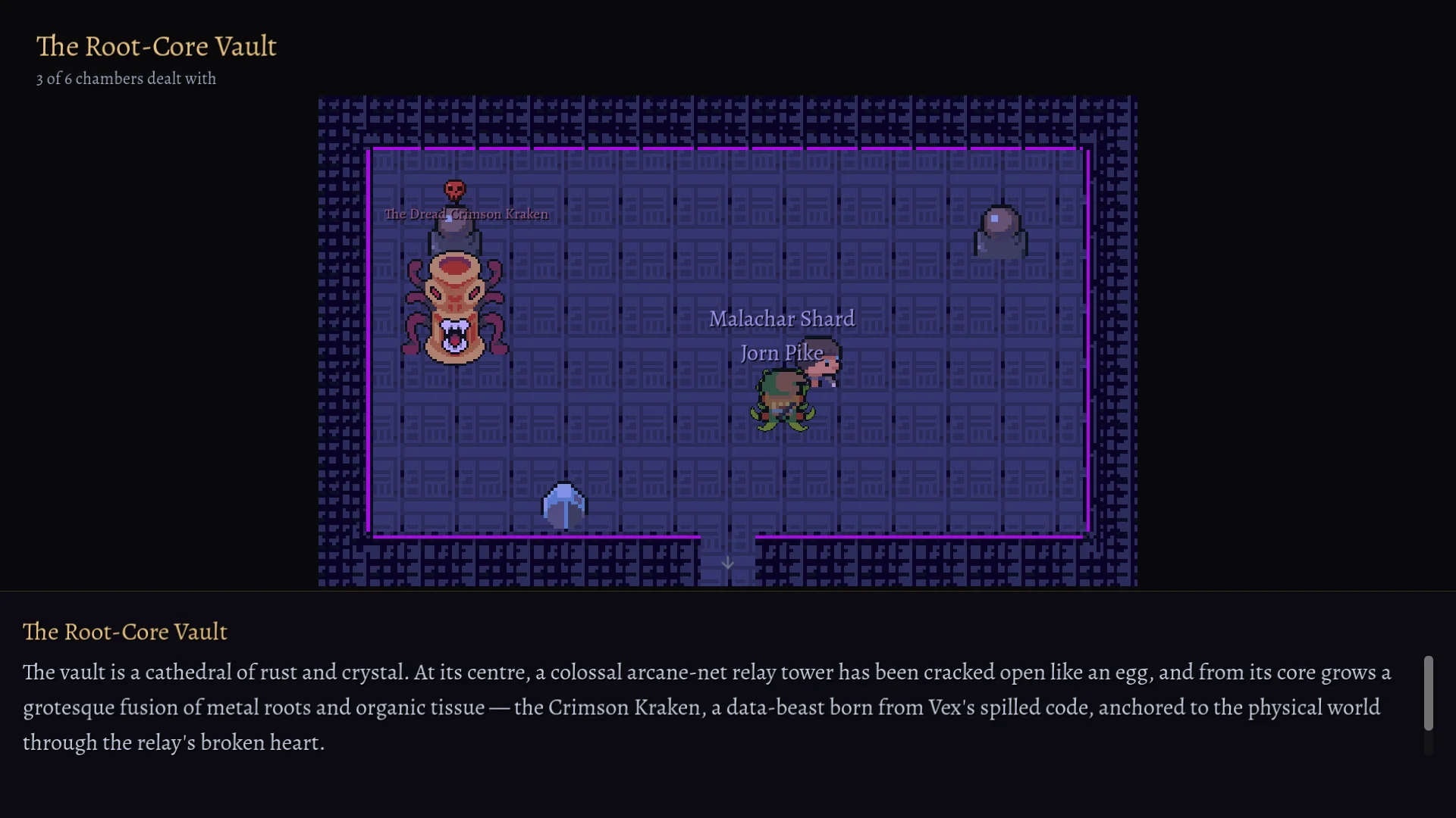 The Root-Core Vault, three of six chambers dealt with: the heart chamber, with The Dread Crimson Kraken marked hostile across the room from the party, and the vault's generated description below.