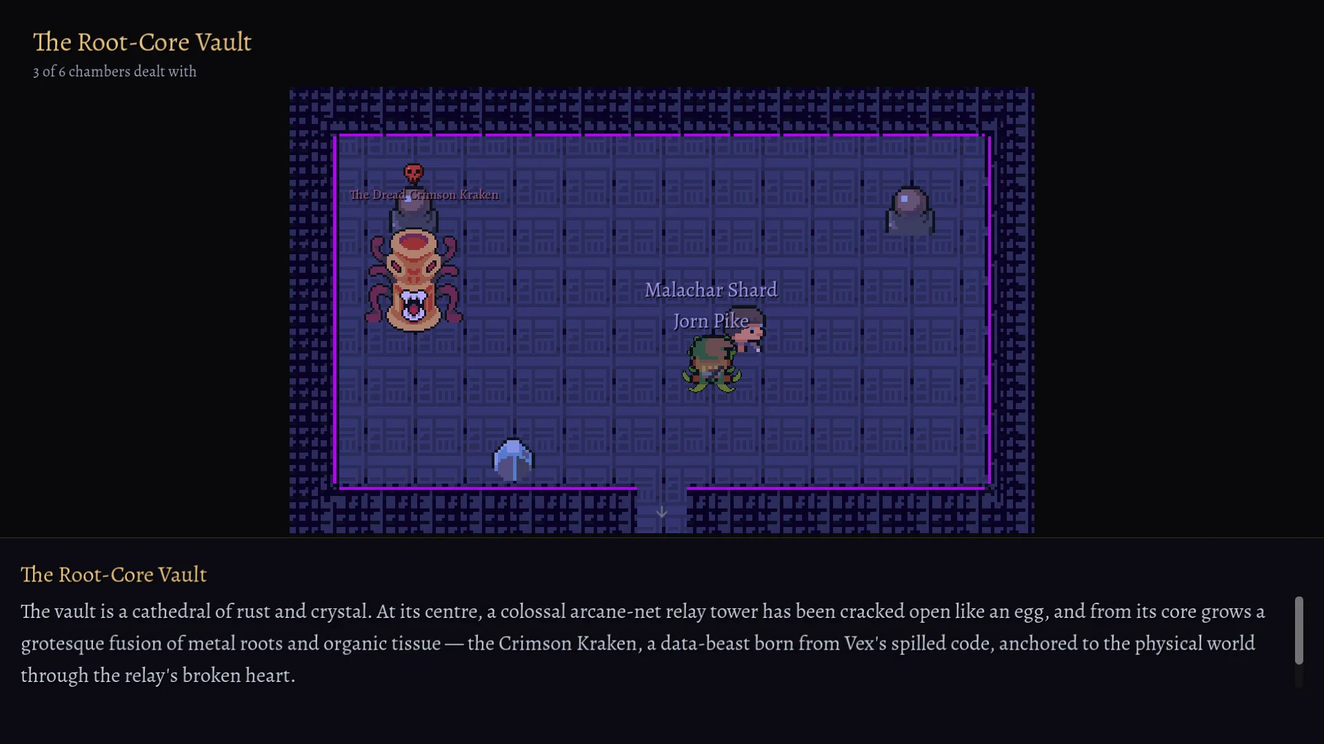 The Root-Core Vault, three of six chambers dealt with: the heart chamber, with The Dread Crimson Kraken marked hostile across the room from the party, and the vault’s generated description below.