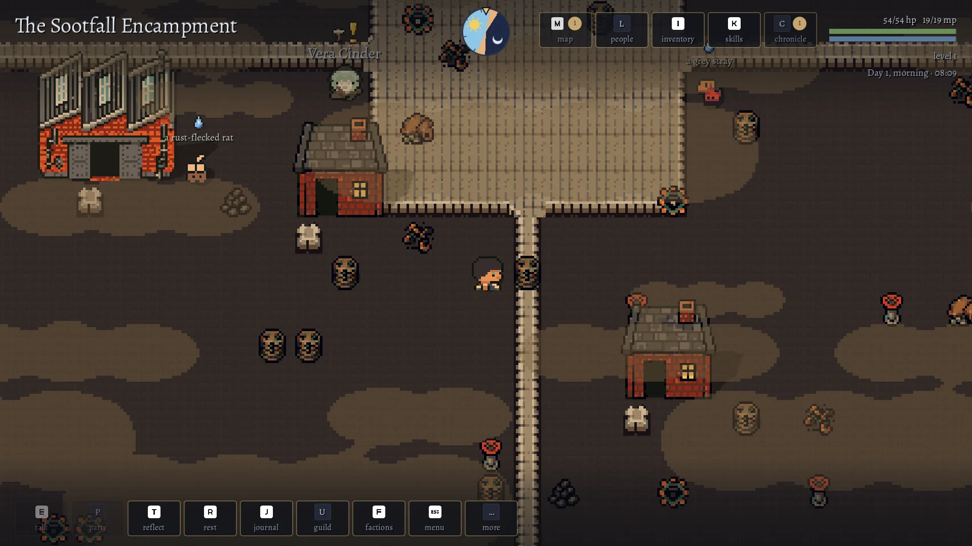 The Sootfall Encampment on the first morning: brick sheds and a barred red-brick works on black, smog-patched ground.