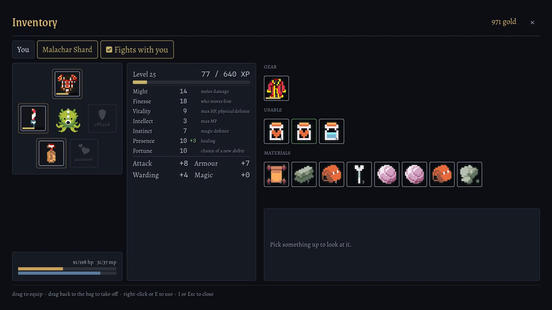 The Inventory panel on Malachar Shard’s tab: a level 25 companion’s equipped gear, seven attributes, potions and materials, and a ticked Fights with you box.