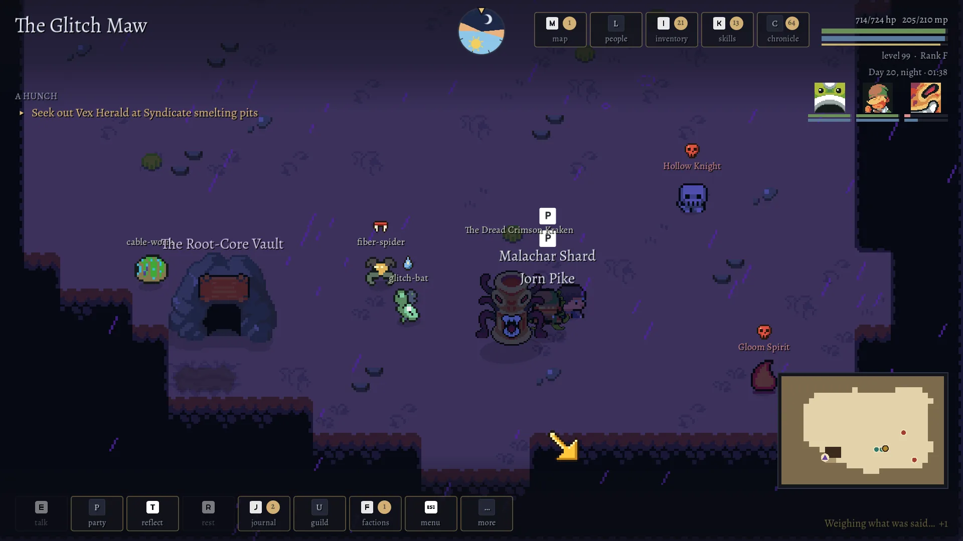 The Glitch Maw at night: the player with three companions following — Malachar Shard, Jorn Pike and The Dread Crimson Kraken — beside the entrance to The Root-Core Vault, with a Hollow Knight and a Gloom Spirit marked hostile nearby, three party portraits and a minimap.